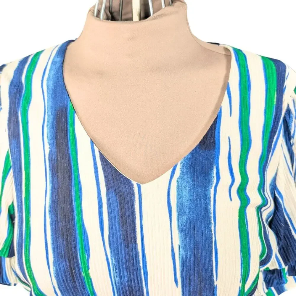 Chico's 2 (Large) Blue Green Stripe V-Neck Pleated Gathered Sleeve Lined Blouse